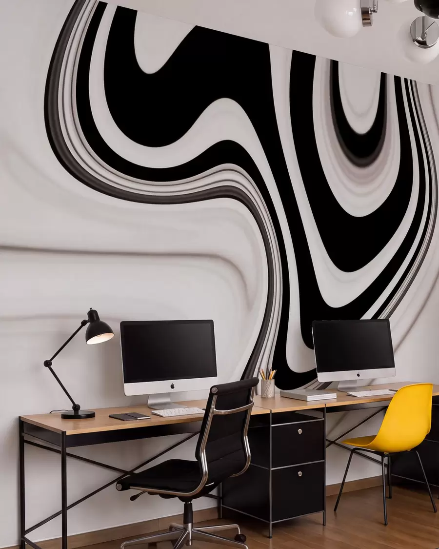murais de parede Mural abstrato com ondas fluidas a preto e branco num estilo minimalista moderno w09877