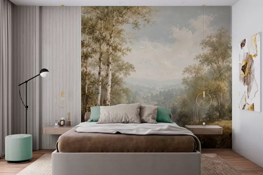 murais de parede Paisagem ribeirinha luminosa com bétulas e nuvens w05685