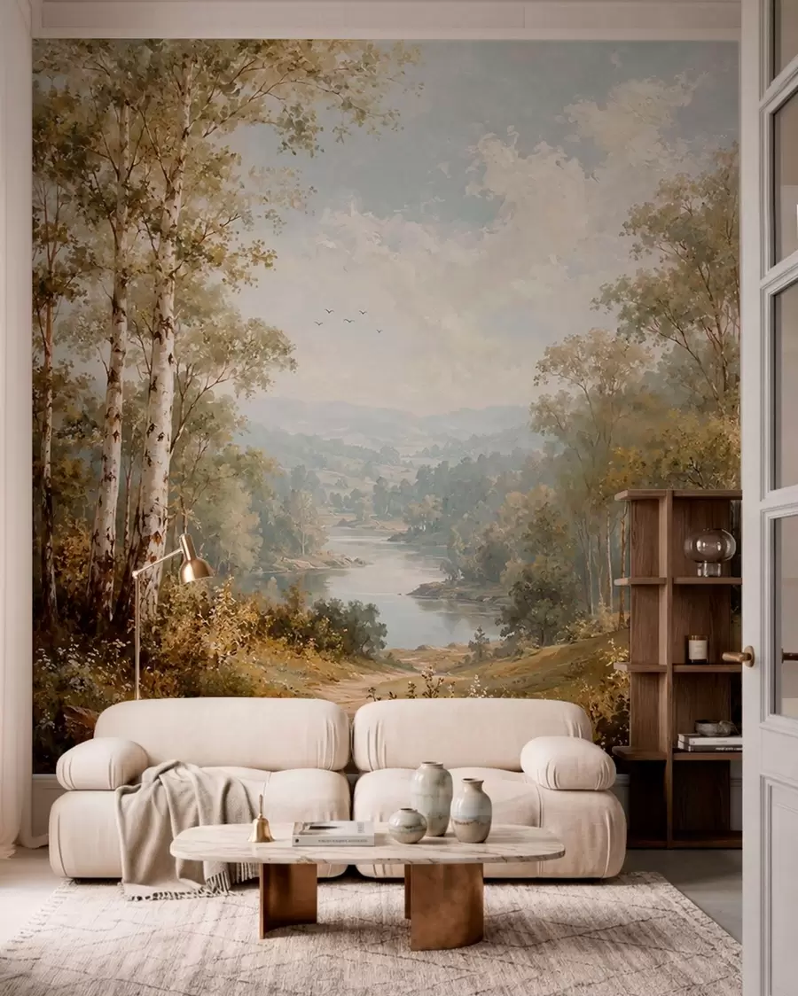murais de parede Paisagem ribeirinha luminosa com bétulas e nuvens w05685