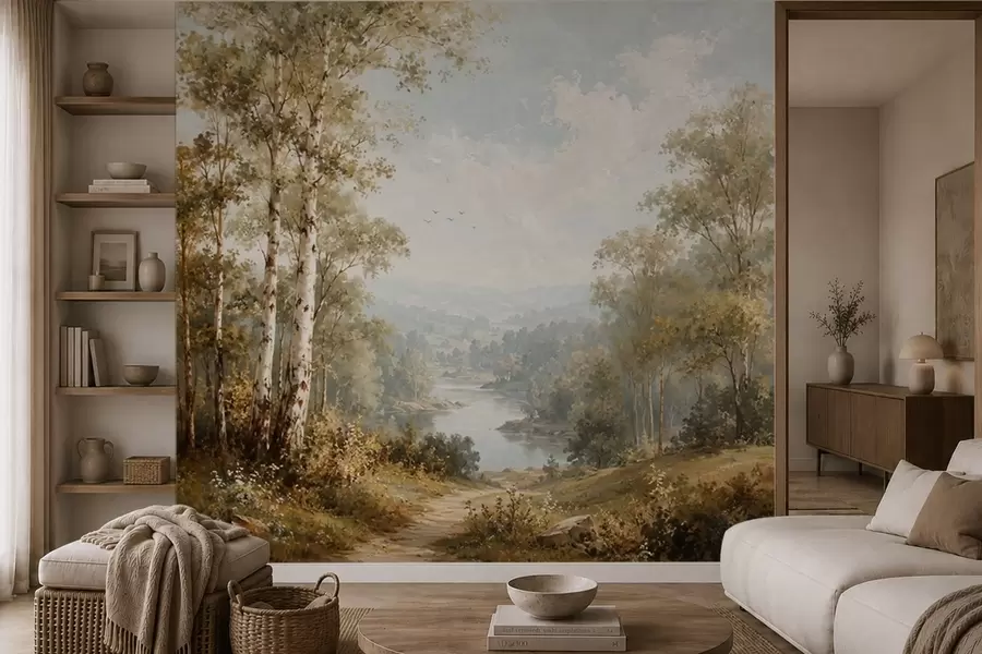 murais de parede Paisagem ribeirinha luminosa com bétulas e nuvens w05685