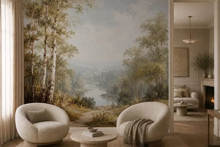 murais de parede Paisagem ribeirinha luminosa com bétulas e nuvens w05685