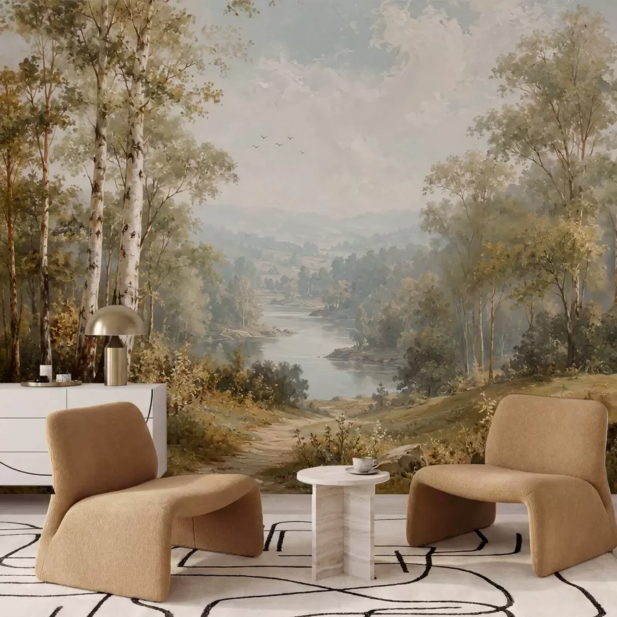 murais de parede Paisagem ribeirinha luminosa com bétulas e nuvens w05685