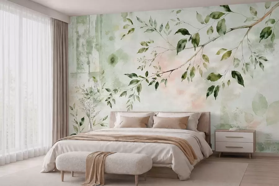 murais de parede Ramo com folhas pintado em aguarela sobre um fundo claro w05688
