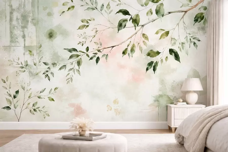 murais de parede Ramo com folhas pintado em aguarela sobre um fundo claro w05688