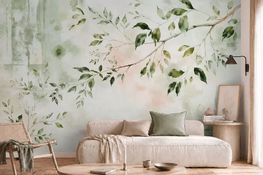 murais de parede Ramo com folhas pintado em aguarela sobre um fundo claro w05688