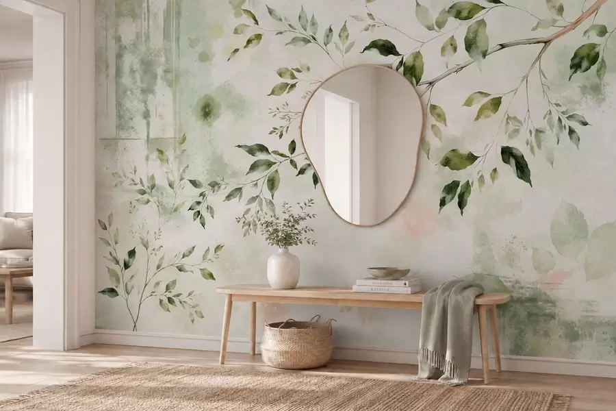murais de parede Ramo com folhas pintado em aguarela sobre um fundo claro w05688