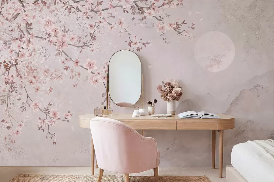 murais de parede Flores cor-de-rosa num ramo, sobre um cenário montanhoso sereno w05695v1
