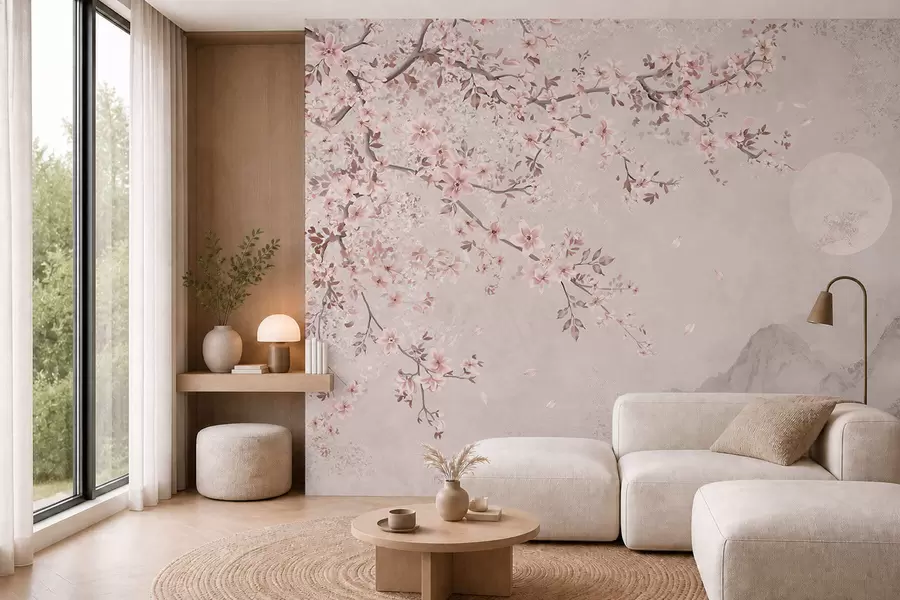 murais de parede Flores cor-de-rosa num ramo, sobre um cenário montanhoso sereno w05695v1