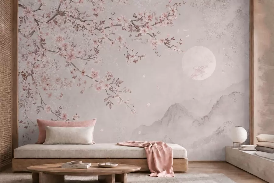 murais de parede Flores cor-de-rosa num ramo, sobre um cenário montanhoso sereno w05695v1