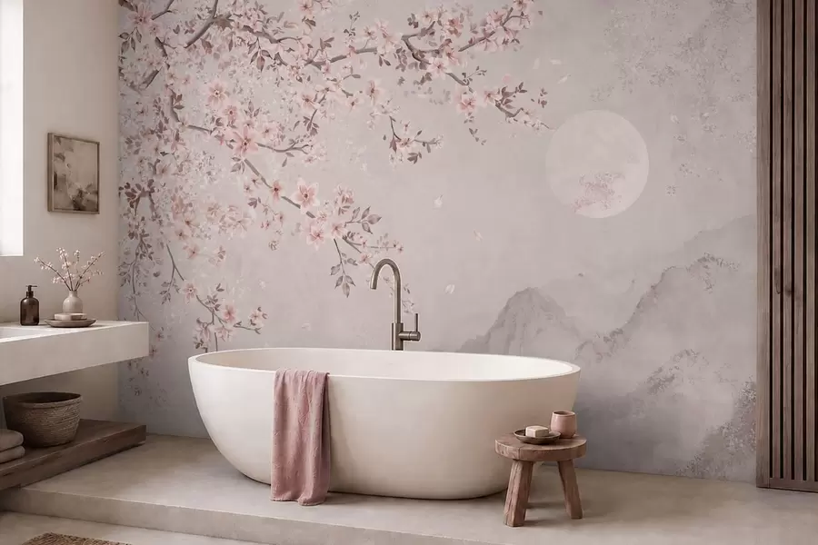 murais de parede Flores cor-de-rosa num ramo, sobre um cenário montanhoso sereno w05695v1