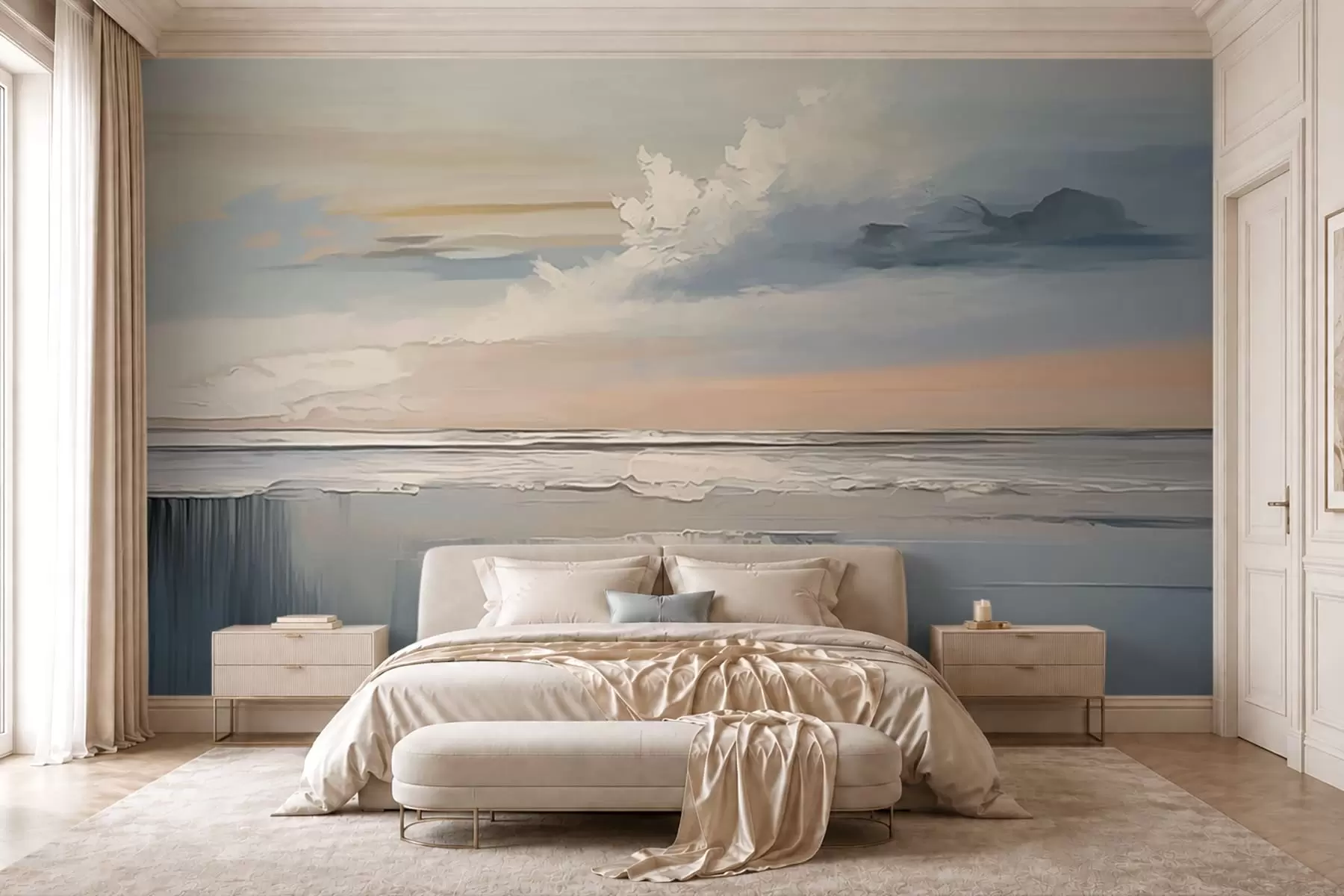 murais de parede Praia em tons pastel com nuvens e reflexos na água w05687