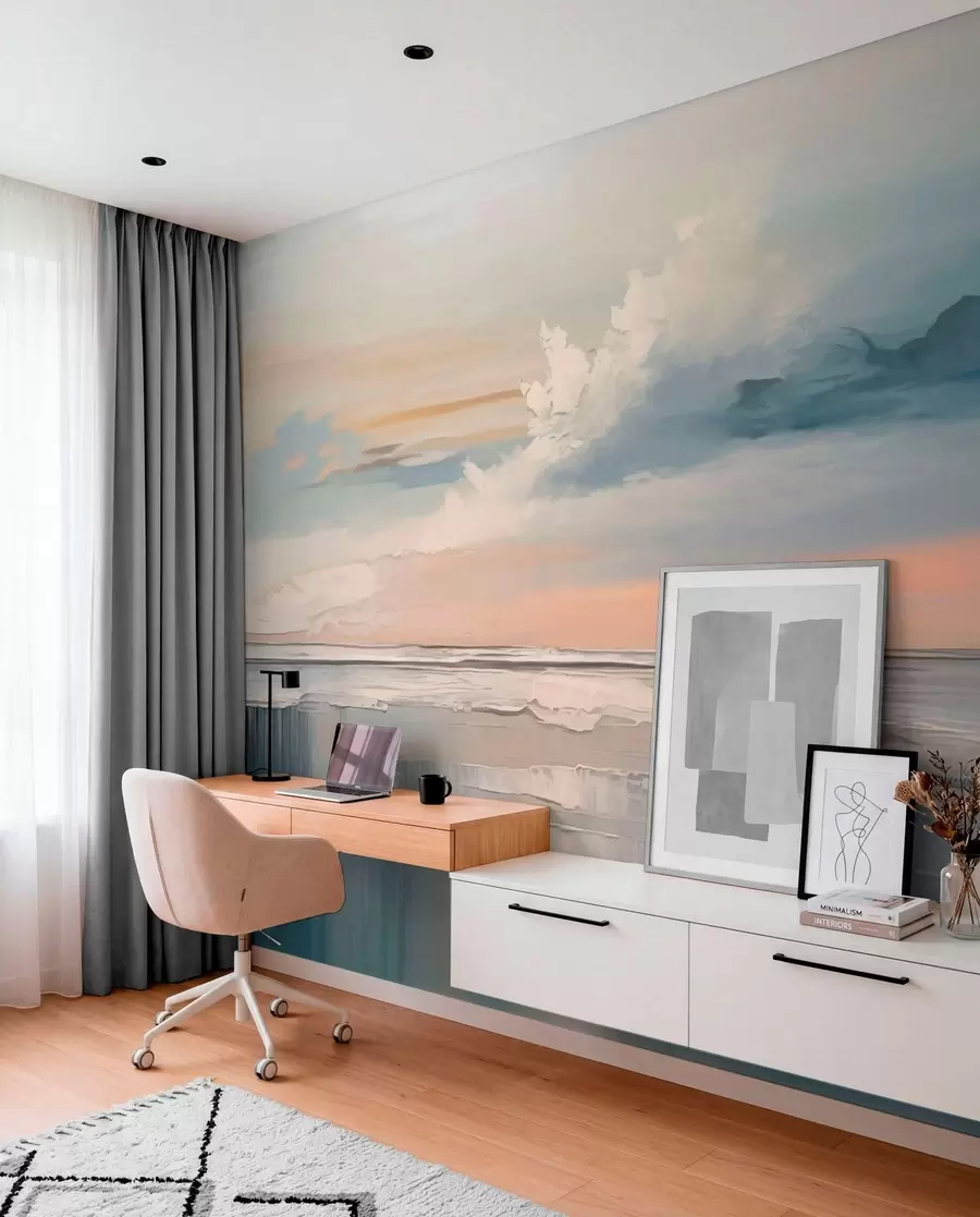 murais de parede Praia em tons pastel com nuvens e reflexos na água w05687