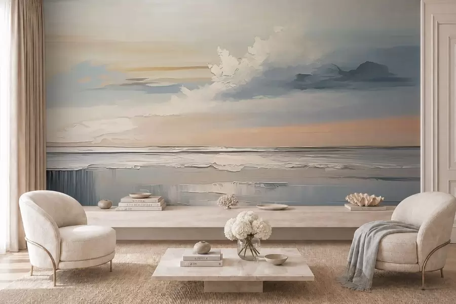 murais de parede Praia em tons pastel com nuvens e reflexos na água w05687