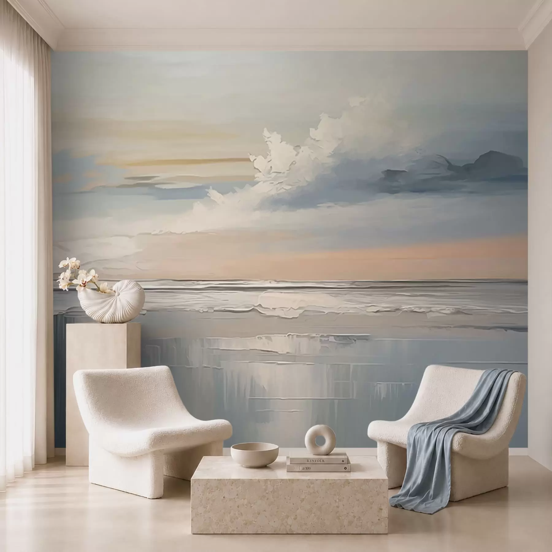 murais de parede Praia em tons pastel com nuvens e reflexos na água w05687