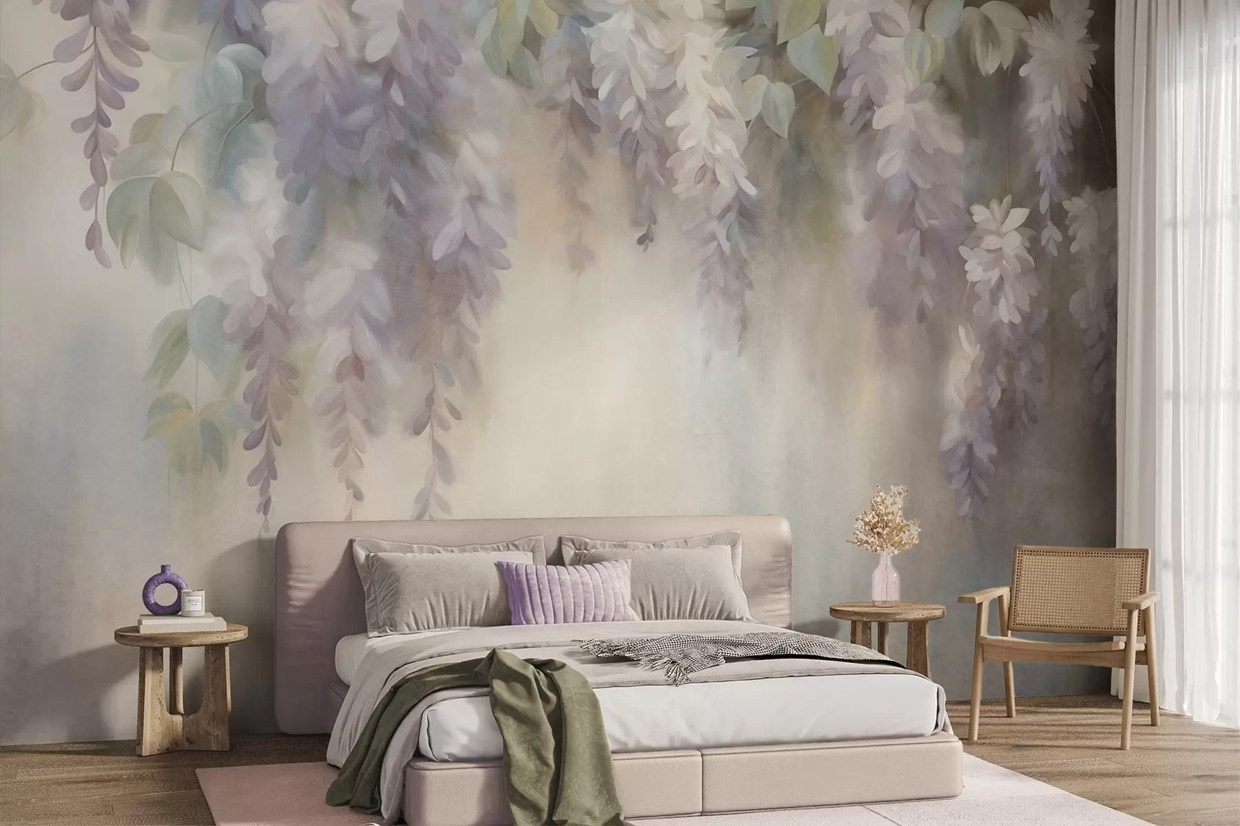 murais de parede Flores de glicínia roxas claras com textura, pendentes, acompanhadas de folhas verdes, sobre um fundo em tons pastel w09896