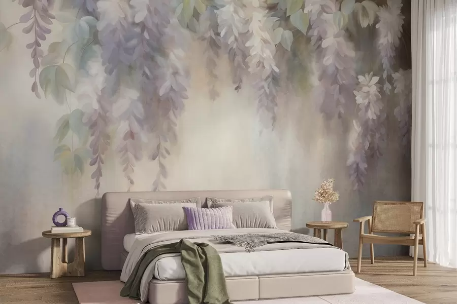 murais de parede Flores de glicínia roxas claras com textura, pendentes, acompanhadas de folhas verdes, sobre um fundo em tons pastel w09896