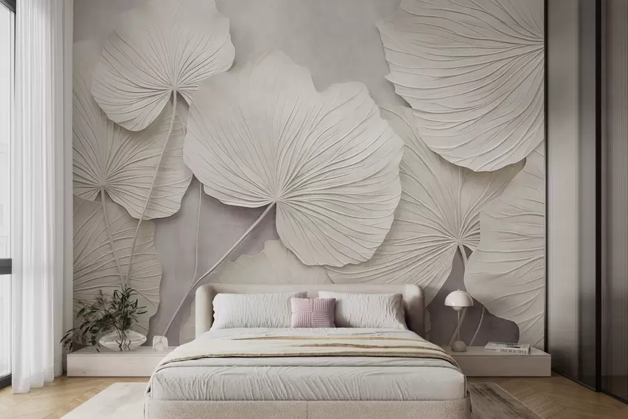 murais de parede Folhas grandes e texturadas sobre um fundo suave e discreto; arte moderna minimalista w09897