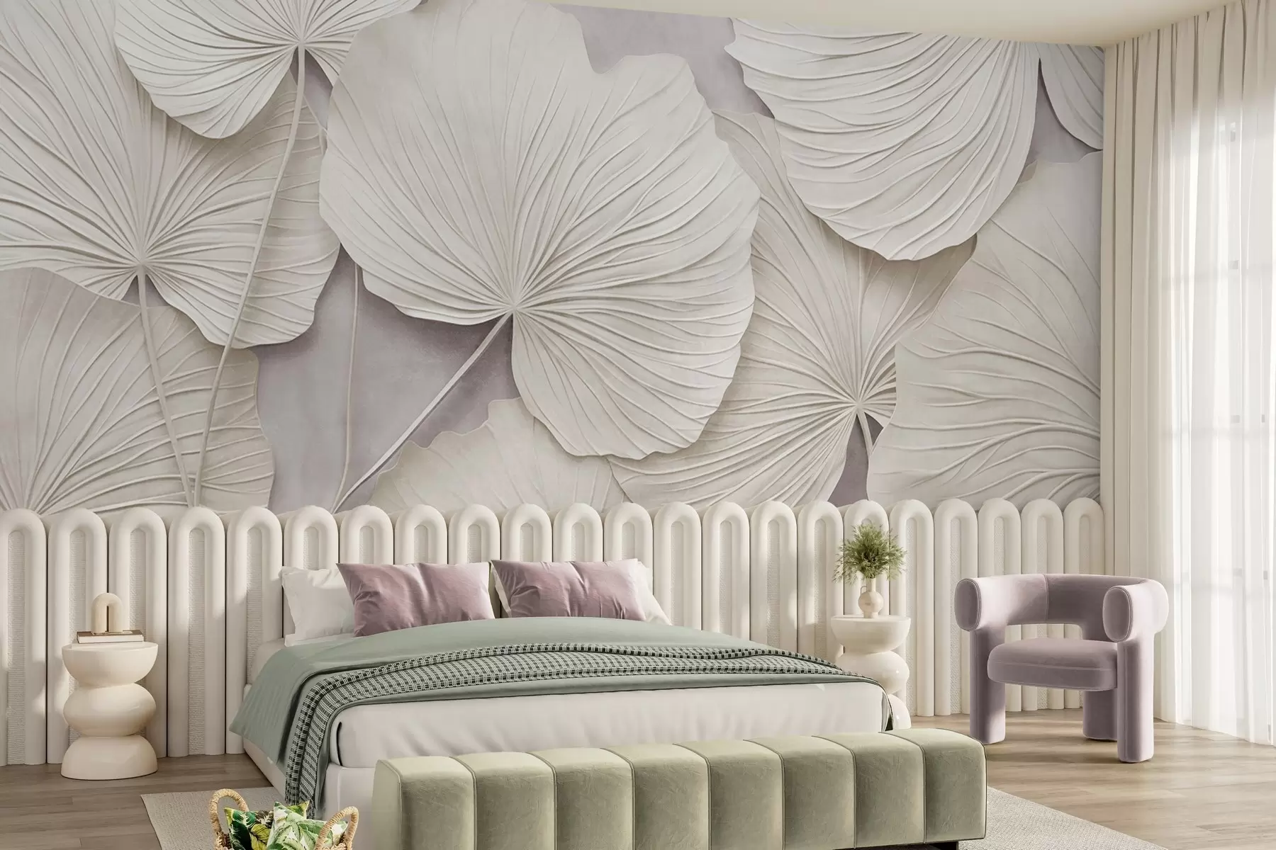 murais de parede Folhas grandes e texturadas sobre um fundo suave e discreto; arte moderna minimalista w09897