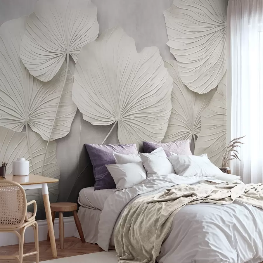murais de parede Folhas grandes e texturadas sobre um fundo suave e discreto; arte moderna minimalista w09897