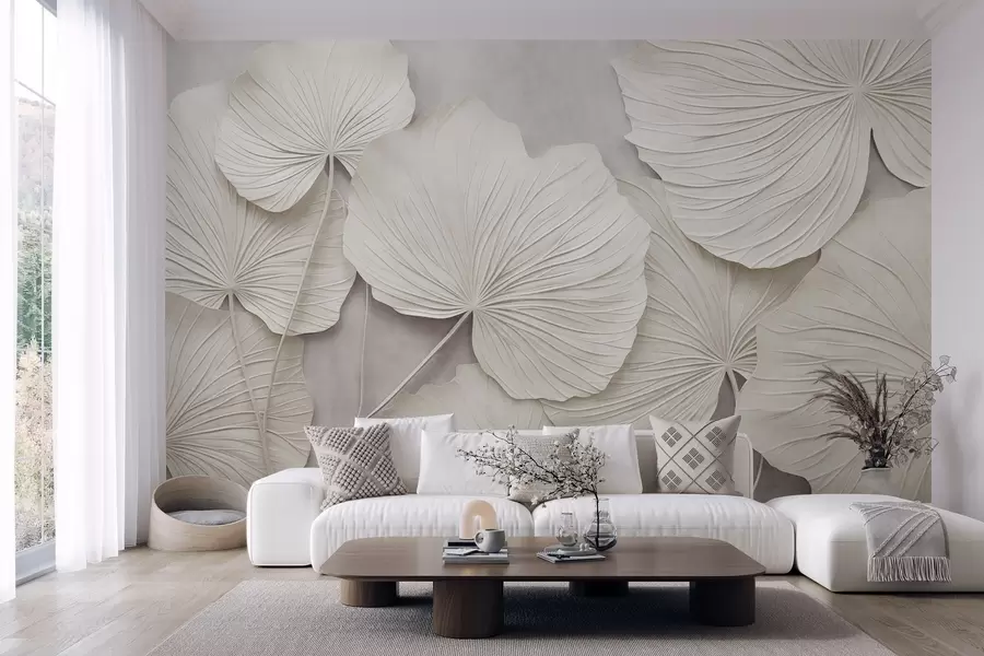 murais de parede Folhas grandes e texturadas sobre um fundo suave e discreto; arte moderna minimalista w09897