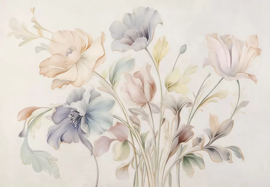 murais de parede Flores delicadas em tons pastel de rosa, azul e amarelo, com folhas verdes, sobre um fundo claro w09898