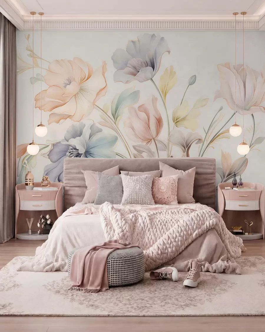 murais de parede Flores delicadas em tons pastel de rosa, azul e amarelo, com folhas verdes, sobre um fundo claro w09898