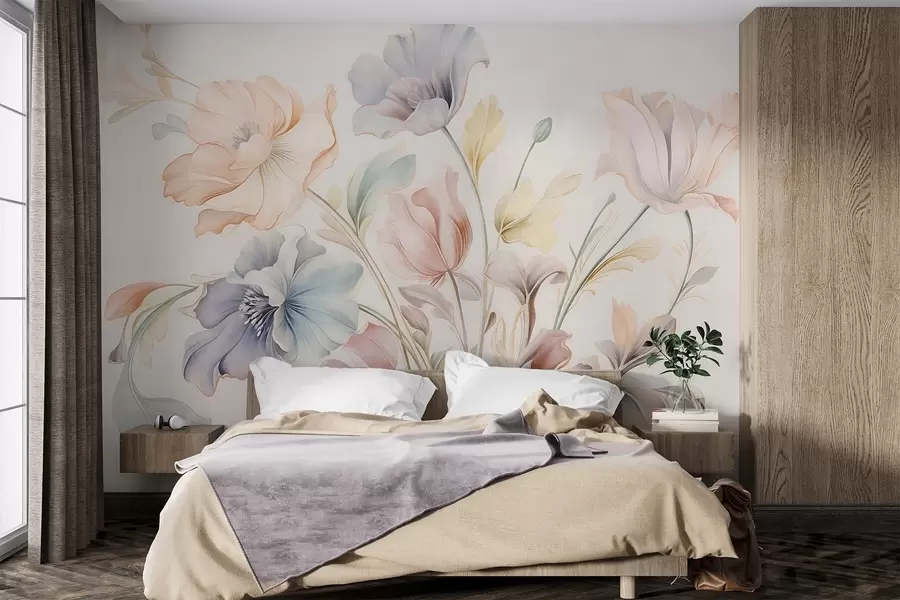 murais de parede Flores delicadas em tons pastel de rosa, azul e amarelo, com folhas verdes, sobre um fundo claro w09898