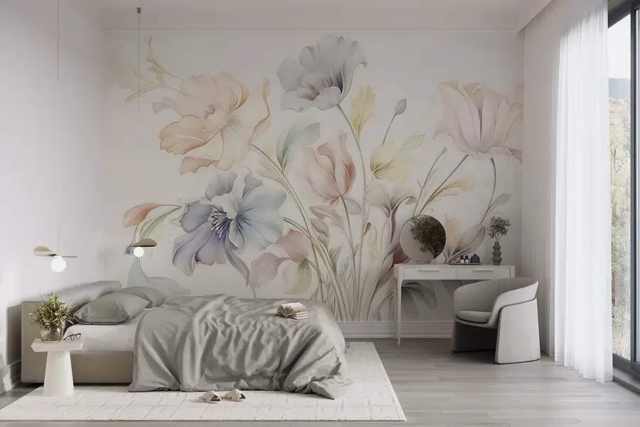 murais de parede Flores delicadas em tons pastel de rosa, azul e amarelo, com folhas verdes, sobre um fundo claro w09898