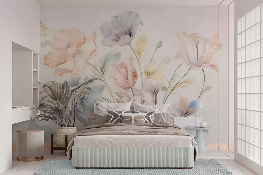 murais de parede Flores delicadas em tons pastel de rosa, azul e amarelo, com folhas verdes, sobre um fundo claro w09898