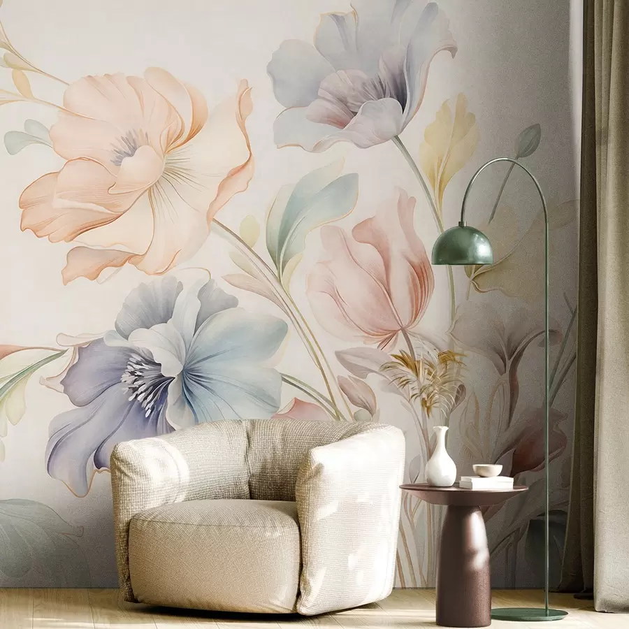 murais de parede Flores delicadas em tons pastel de rosa, azul e amarelo, com folhas verdes, sobre um fundo claro w09898