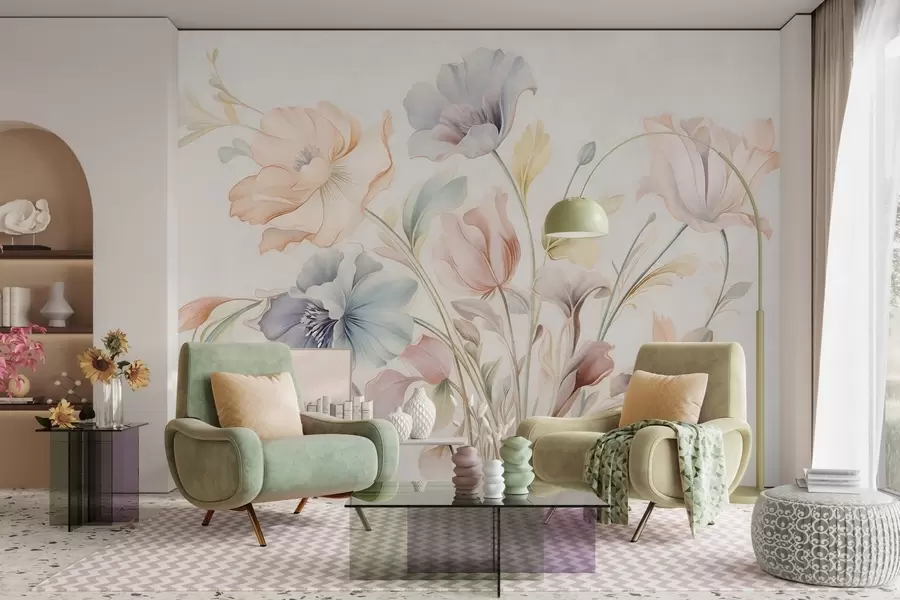 murais de parede Flores delicadas em tons pastel de rosa, azul e amarelo, com folhas verdes, sobre um fundo claro w09898