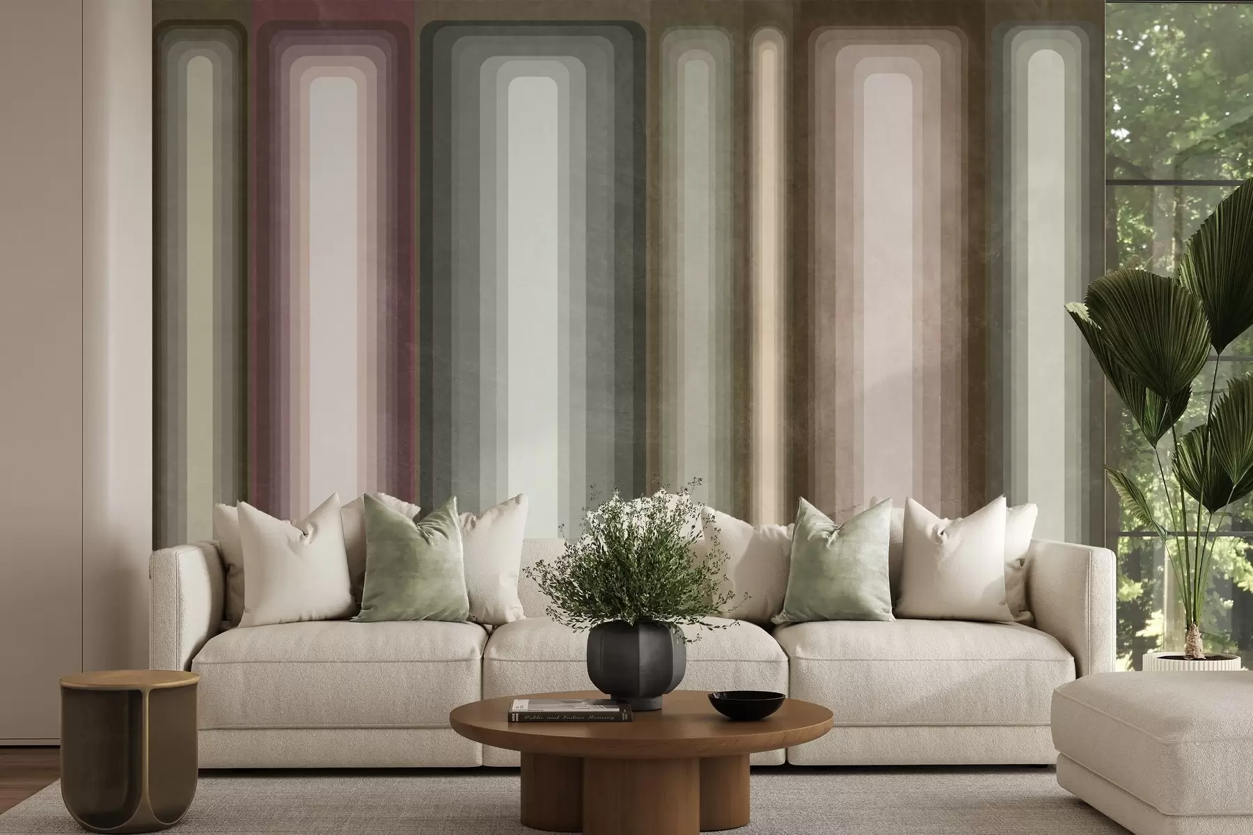 murais de parede Retângulos verticais arredondados, com textura e estilo abstrato, em tons suaves de castanho, bege e rosa pálido w09905