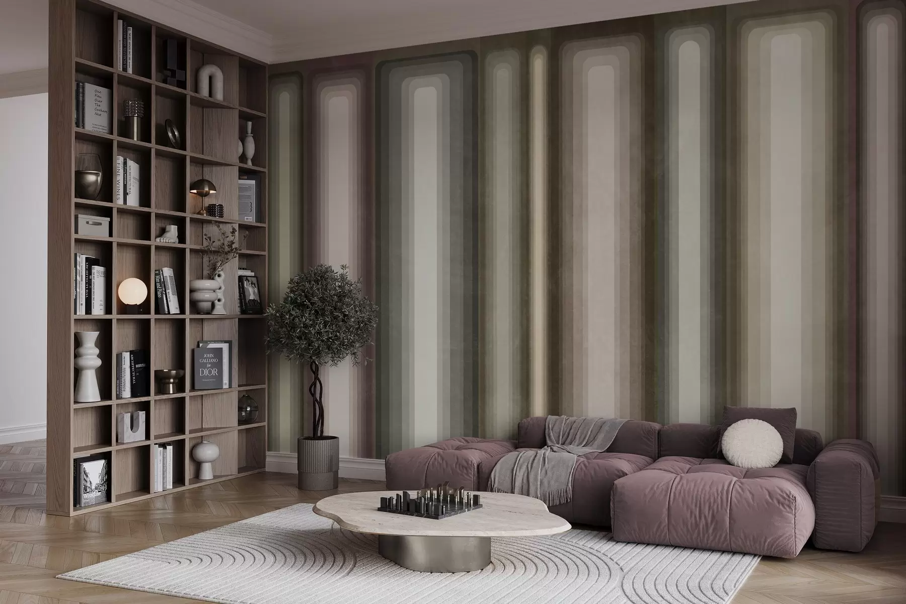 murais de parede Retângulos verticais arredondados, com textura e estilo abstrato, em tons suaves de castanho, bege e rosa pálido w09905