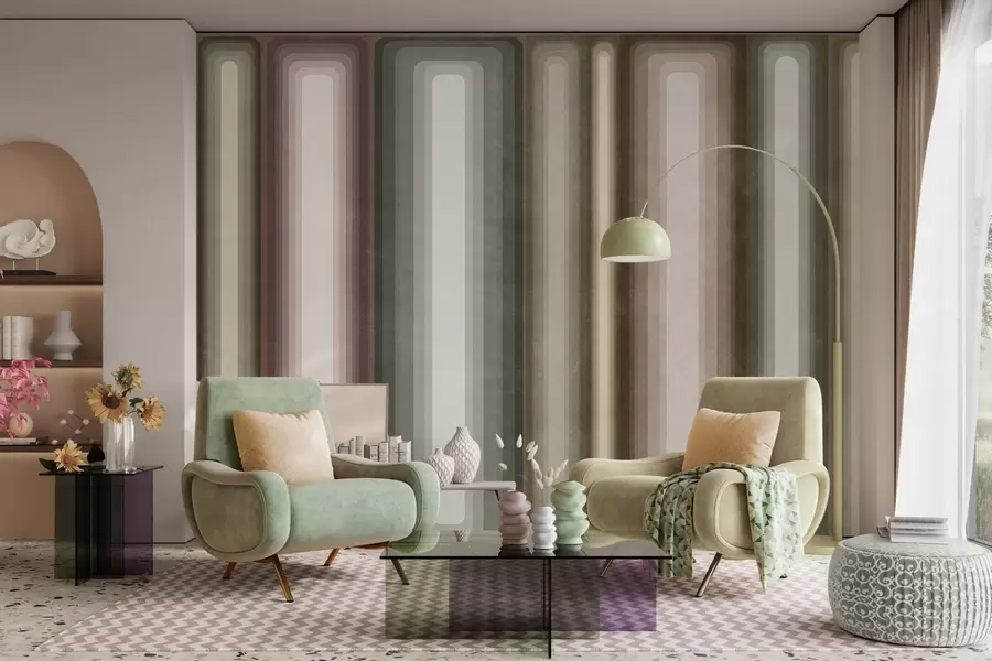 murais de parede Retângulos verticais arredondados, com textura e estilo abstrato, em tons suaves de castanho, bege e rosa pálido w09905