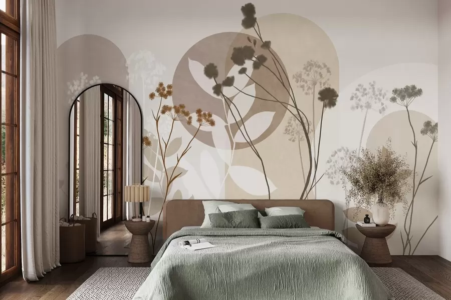 murais de parede Composição botânica e minimalista de flores e folhas secas com motivos geométricos abstratos w09906