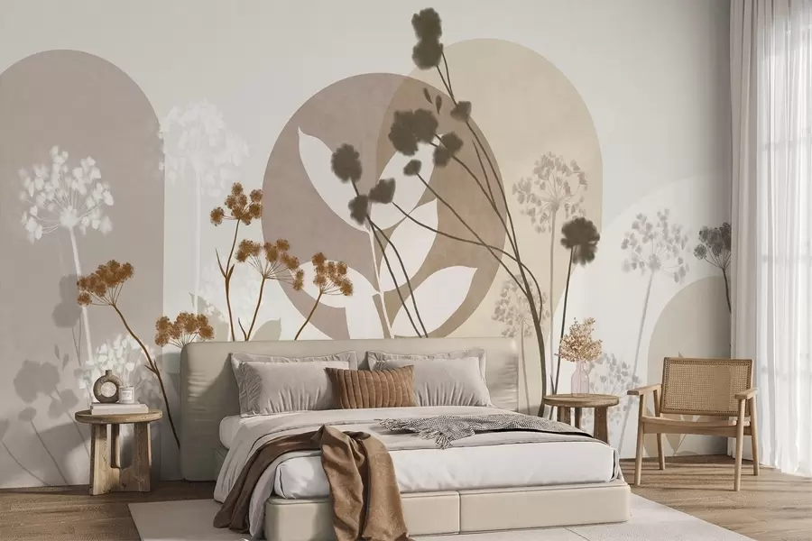 murais de parede Composição botânica e minimalista de flores e folhas secas com motivos geométricos abstratos w09906