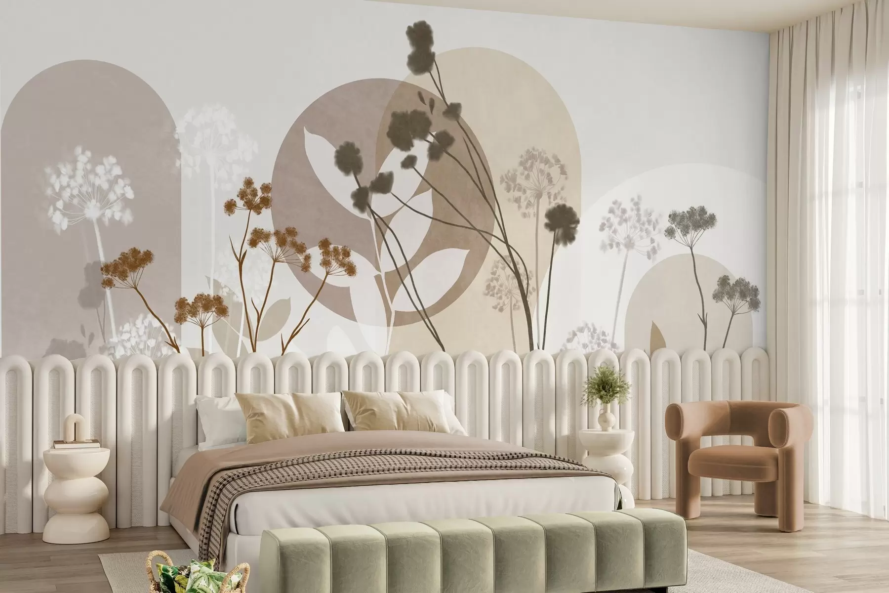 murais de parede Composição botânica e minimalista de flores e folhas secas com motivos geométricos abstratos w09906
