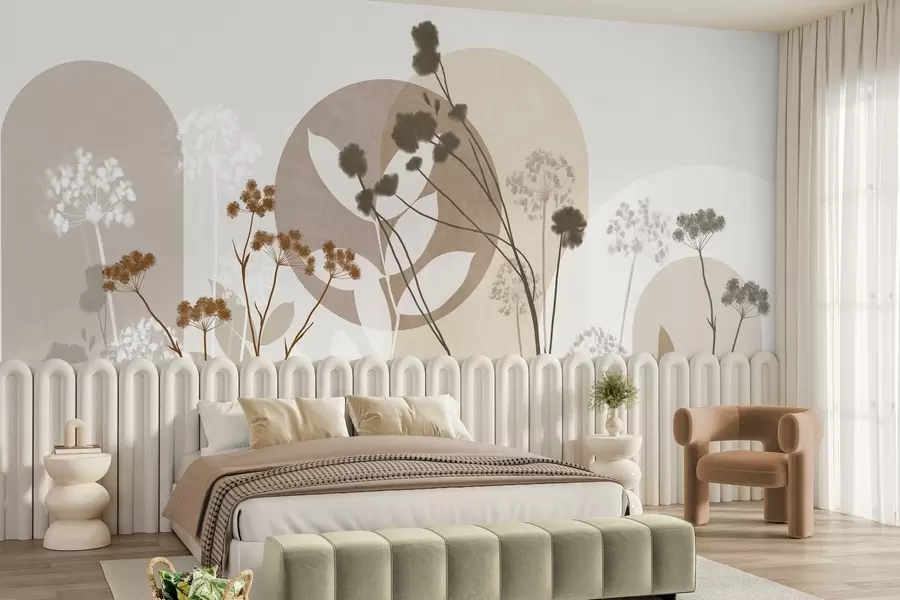 murais de parede Composição botânica e minimalista de flores e folhas secas com motivos geométricos abstratos w09906