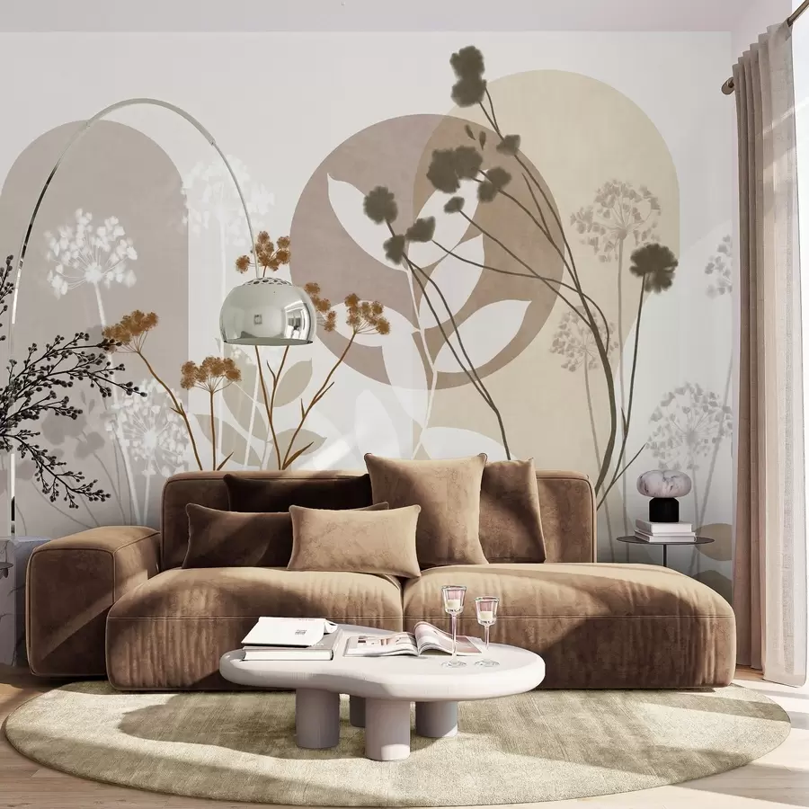 murais de parede Composição botânica e minimalista de flores e folhas secas com motivos geométricos abstratos w09906