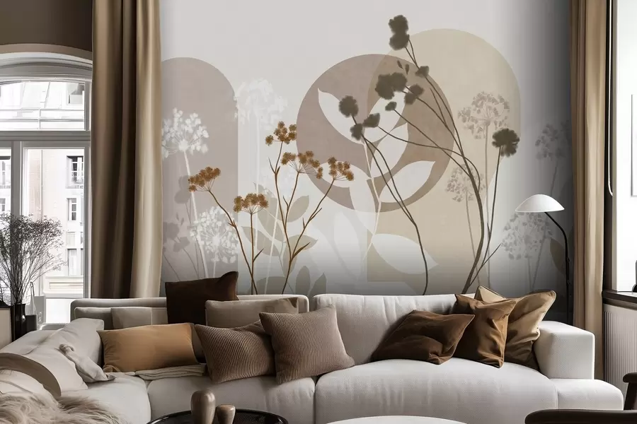 murais de parede Composição botânica e minimalista de flores e folhas secas com motivos geométricos abstratos w09906