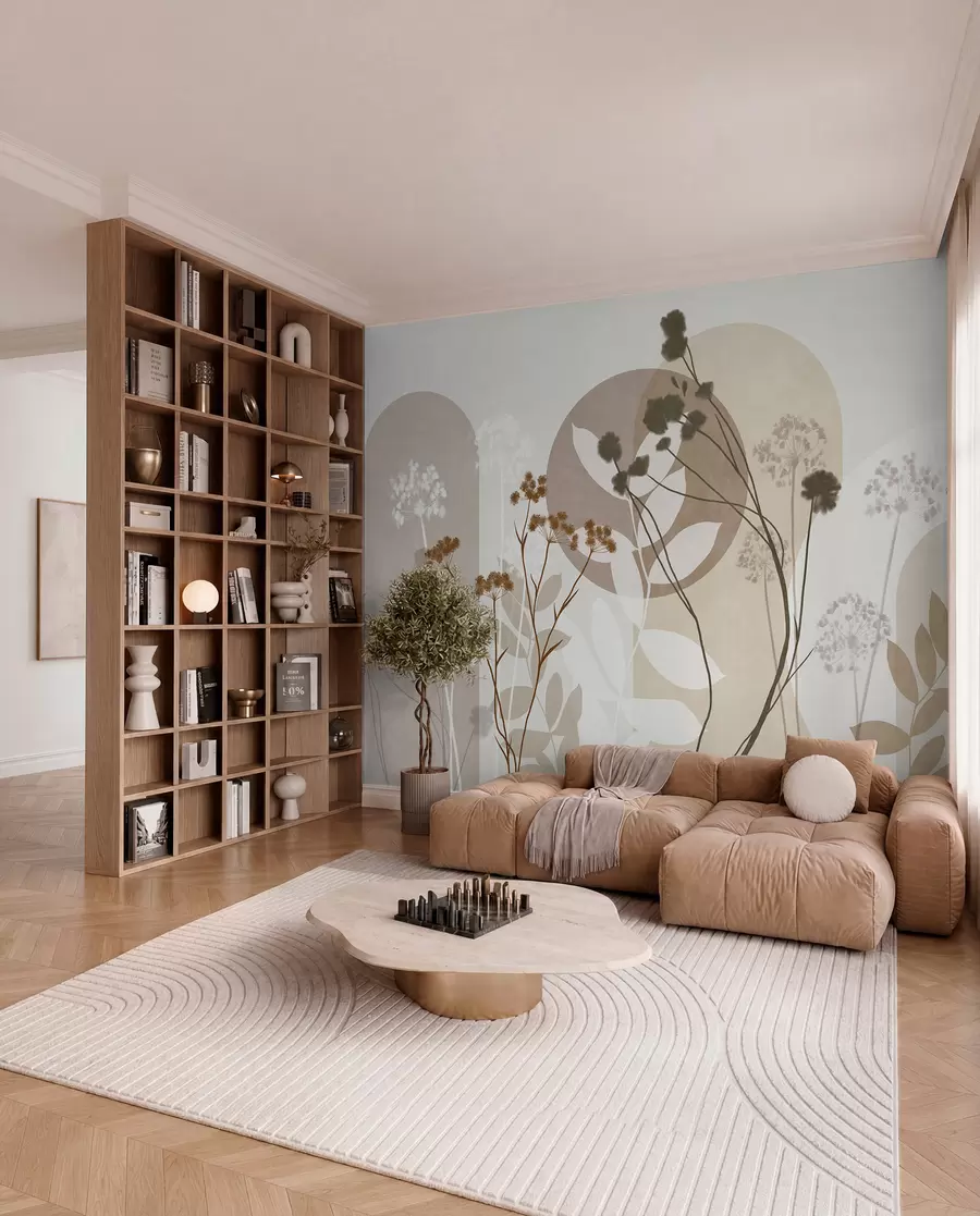 murais de parede Composição botânica e minimalista de flores e folhas secas com motivos geométricos abstratos w09906