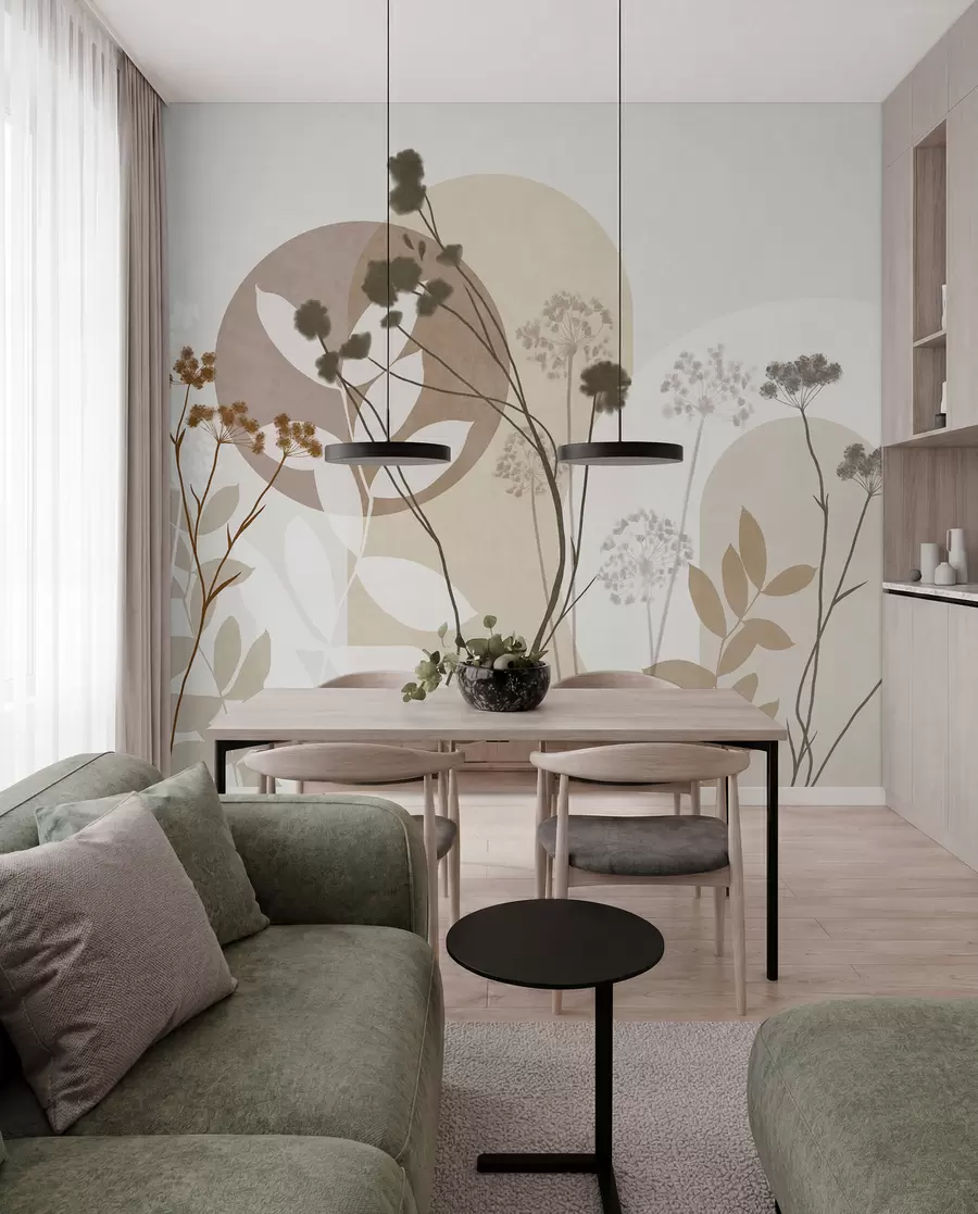 murais de parede Composição botânica e minimalista de flores e folhas secas com motivos geométricos abstratos w09906