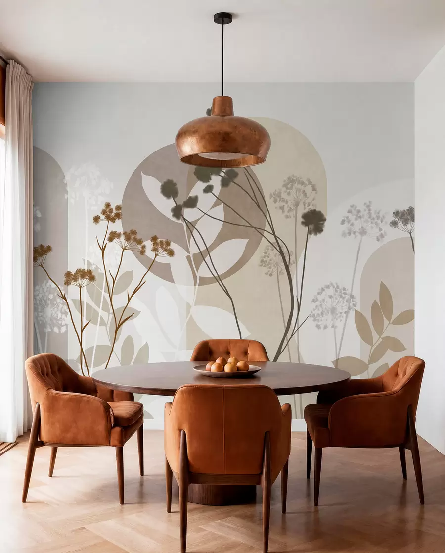 murais de parede Composição botânica e minimalista de flores e folhas secas com motivos geométricos abstratos w09906