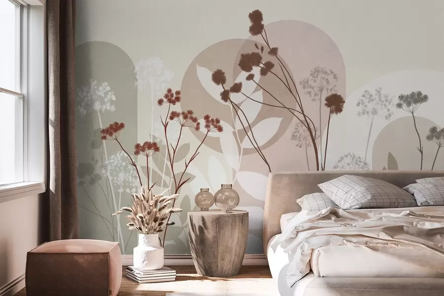murais de parede Composição botânica e minimalista de flores e folhas secas com motivos geométricos abstratos w09906v1