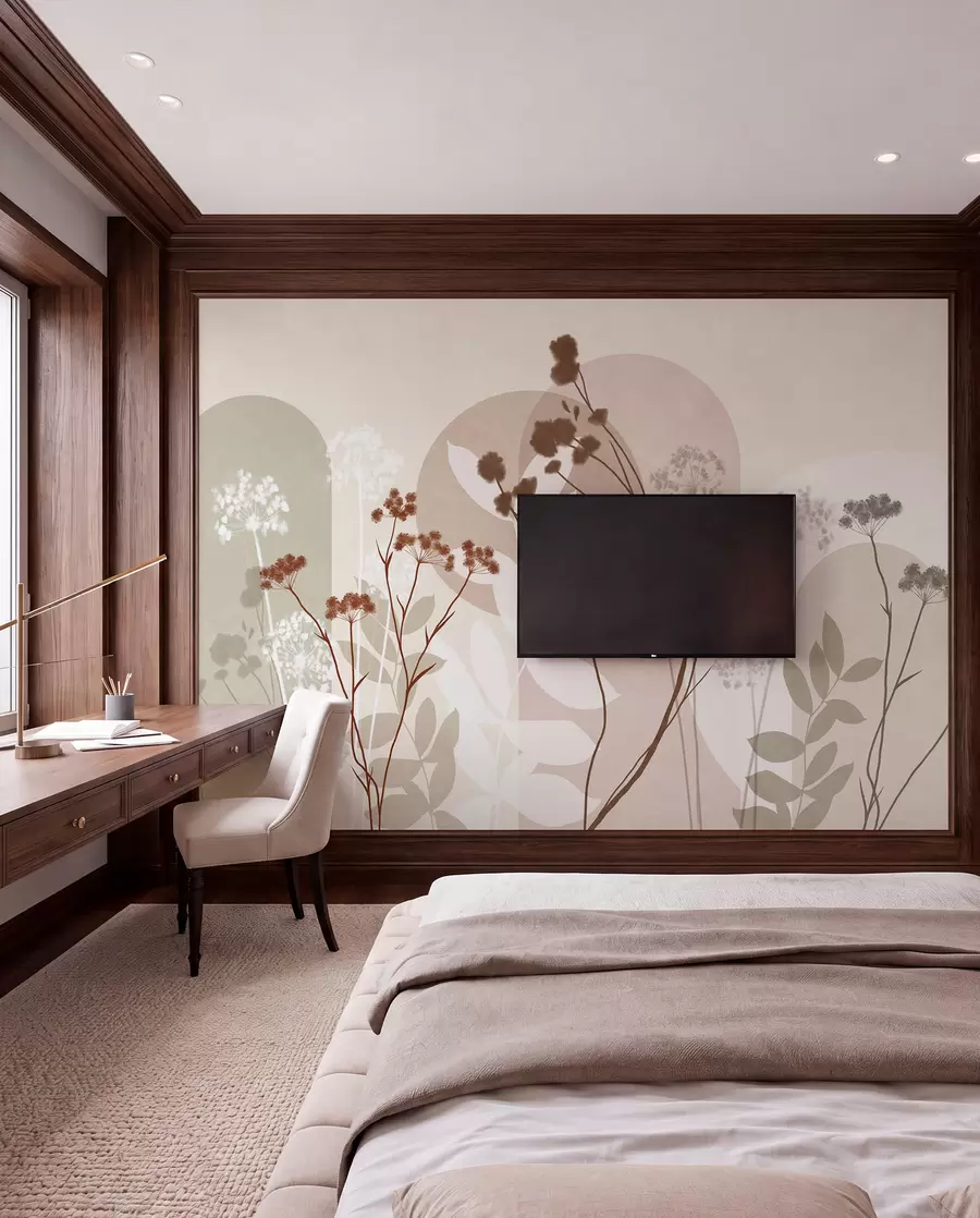 murais de parede Composição botânica e minimalista de flores e folhas secas com motivos geométricos abstratos w09906v1