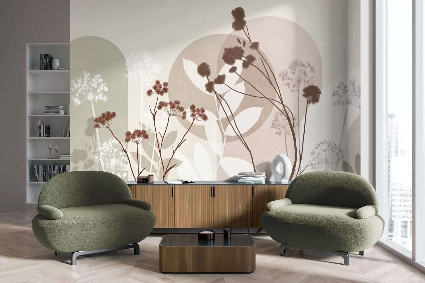 murais de parede Composição botânica e minimalista de flores e folhas secas com motivos geométricos abstratos w09906v1