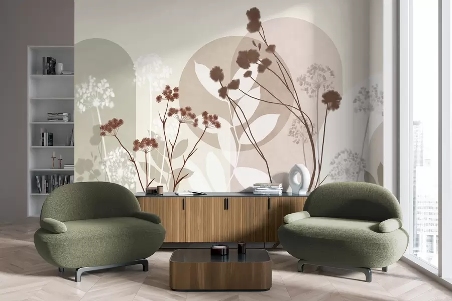 murais de parede Composição botânica e minimalista de flores e folhas secas com motivos geométricos abstratos w09906v1