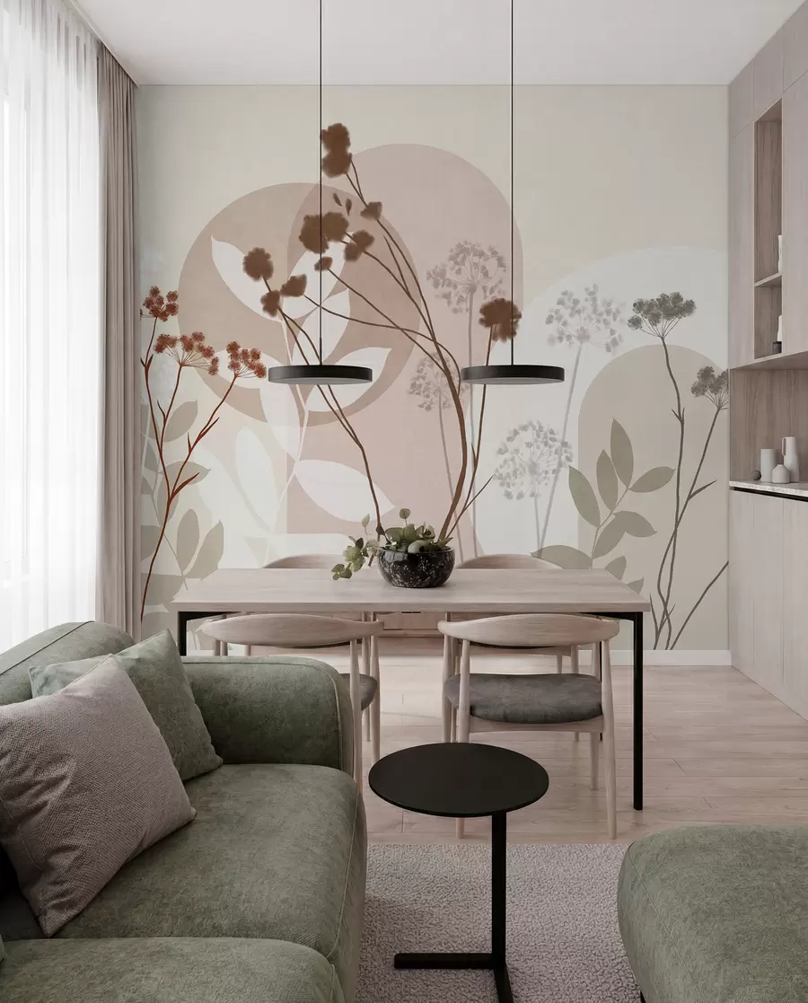 murais de parede Composição botânica e minimalista de flores e folhas secas com motivos geométricos abstratos w09906v1