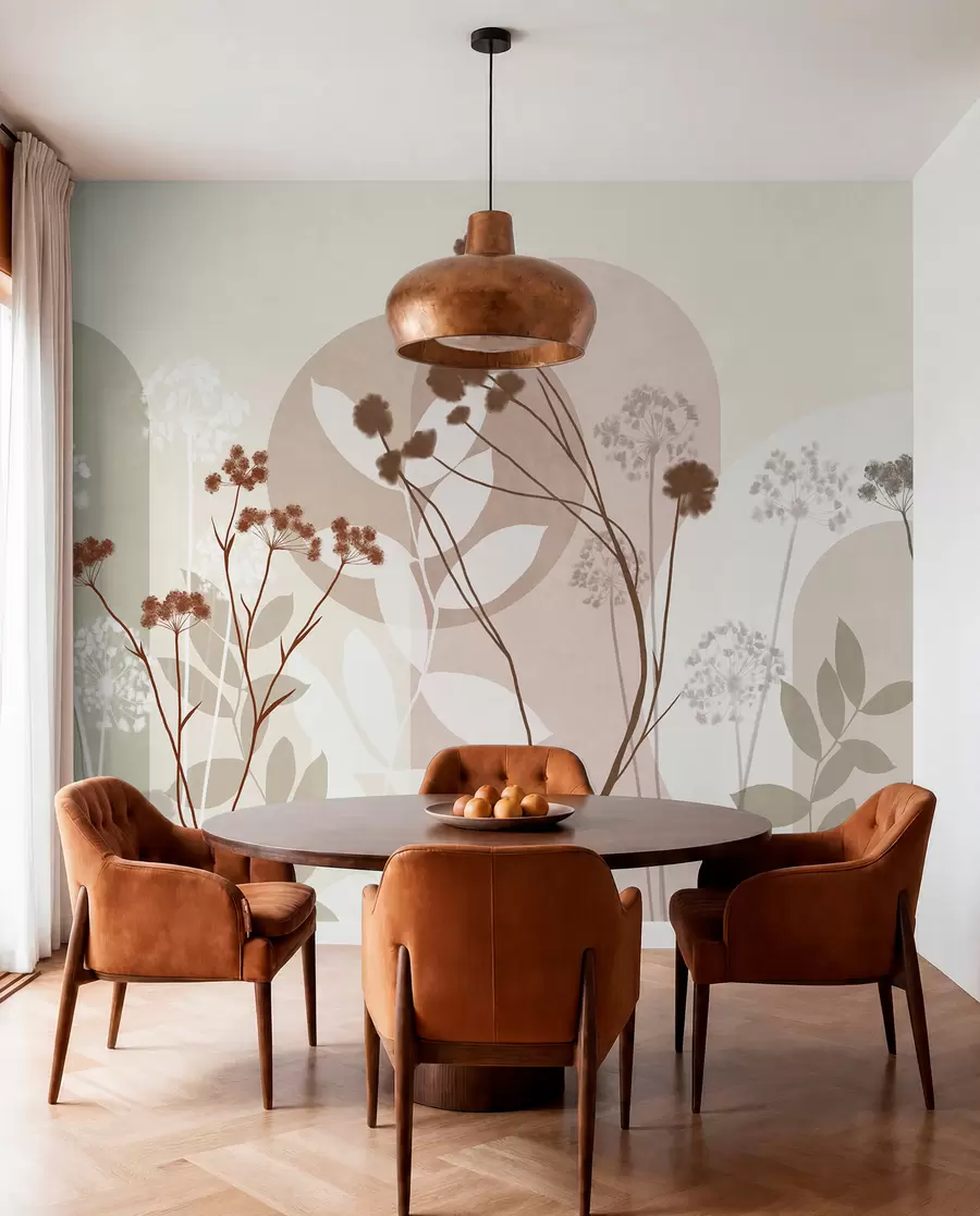 murais de parede Composição botânica e minimalista de flores e folhas secas com motivos geométricos abstratos w09906v1