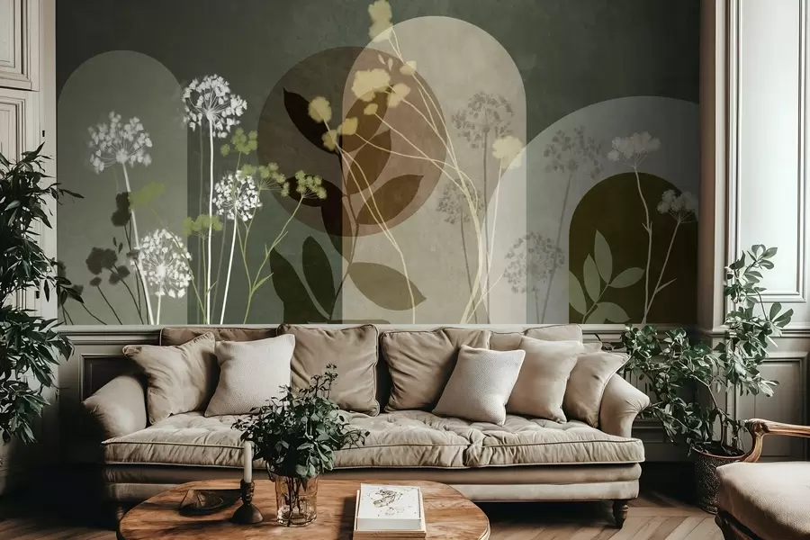 murais de parede Composição botânica e minimalista de flores e folhas secas com motivos geométricos abstratos w09906v2